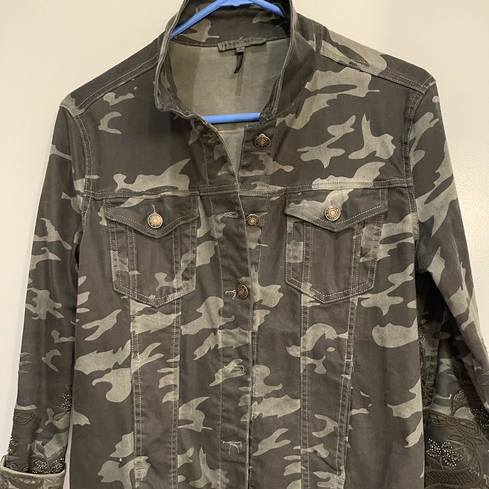 Crop oversized camo denim jacket with a touch of floral cutout & sparkle detail